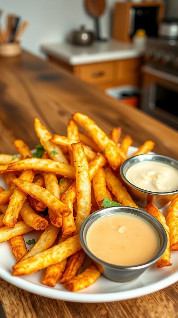 Crispy air fryer vinegar fries served with a dipping sauce on a rustic wooden table.